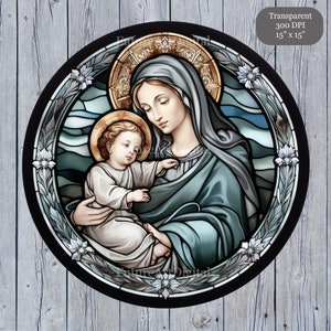 6 Virgen María con el Niño Jesús Imágenes Prediseñadas Digitales, Niño Jesús con la Madre María Arte de pared imprimible, Sublimación de vidrieras de la Virgen María PNG