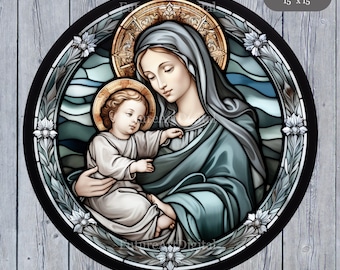 6 Virgin Mary with Baby Jesus Digital Clipart, Baby Jesus with Mother Mary Printable Wall art, Virgin Mary Stained Glass Sublimation PNG