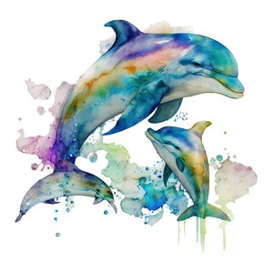 Aquarelle dauphin bébé et maman numérique Clipart, dauphin famille PNG, art mural dauphin bébé chambre de bébé, décoration murale en téléchargement numérique