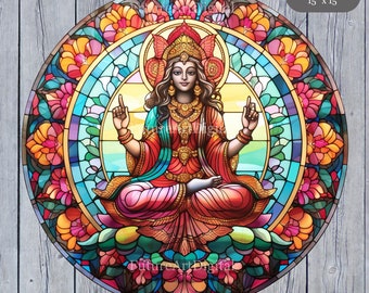 Stained Glass Lakshmi Digital Clipart, Lakshmi Printable Wall art, Hindu Goddess Sublimation PNG, Digital Download