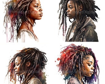 Watercolor Dread Loc Black Girl Digital Clipart, Afro American Dread Loc Girl Sublimation PNG, Dread Loc Girl Printable Wall art