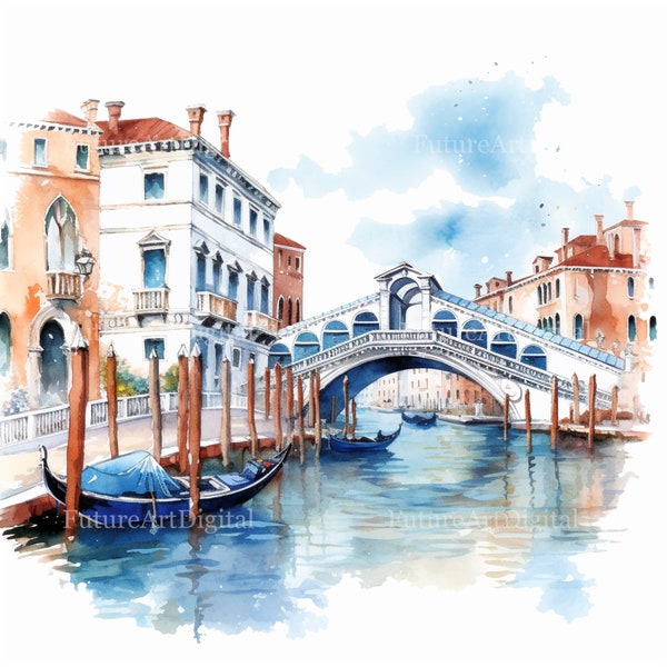 Aquarelle Venise Digital Clipart, Italie Sublimation PNG, Venise Printable Wall art, Téléchargement numérique