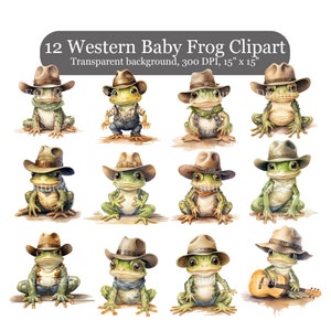 12 clipart numérique Cowboy bébé grenouille, aquarelle bébé grenouille sublimation PNG, décoration de chambre de bébé grenouille bébé, art mural imprimable Western bébé grenouille