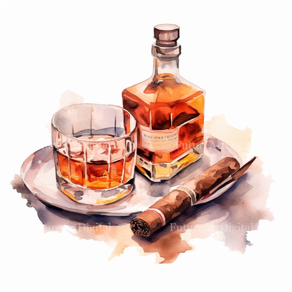 Watercolor Whiskey and Cigar Digital Clipart, Whiskey and Cigar Sublimation PNG, Whiskey and Cigar Printable Wall art