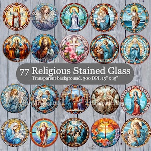 Zestaw witraży religijnych z przezroczystym tłem, witrażowe szopki cyfrowe clipart