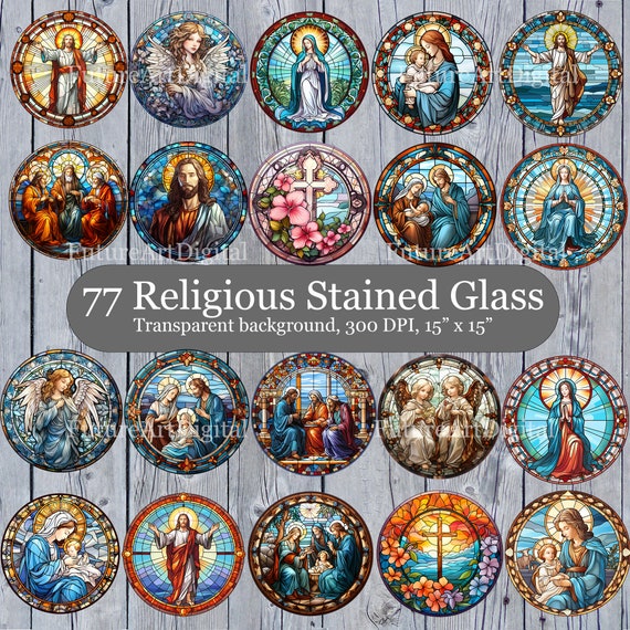 Religious Stained Glass Bundle with Transparent Background, Stained Glass Nativity Digital Clipart