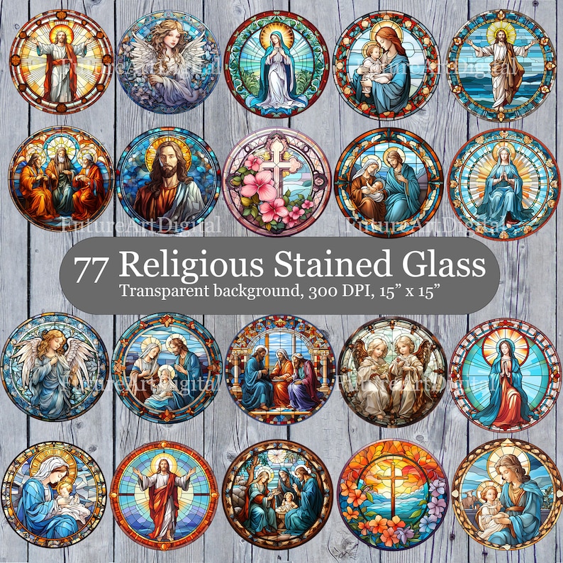 May include: Set of 77 round stained glass images featuring religious themes. The images are on a transparent background and are 15 inches by 15 inches.
