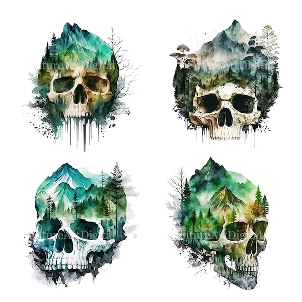 Watercolor Skull with Mountains and Forest Sublimation PNG, Skull Digital Clipart, Skull Printable Wall art