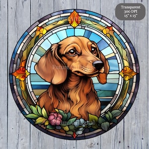 Buntglas Dackel digitale Clipart, Dackel druckbare Wandkunst, Buntglasfenster Dackel Sublimation Clipart