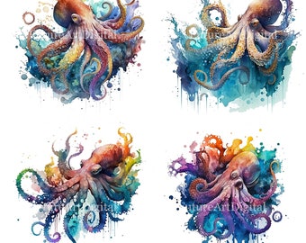 Watercolor Octopus Sublimation PNG, Octopus Printable Wall art, Octopus Digital Clipart, Digital Download Wall decor