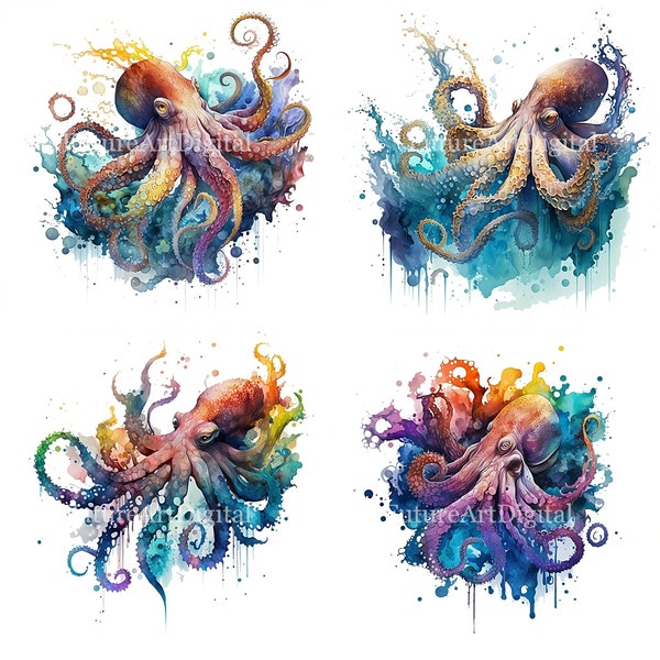 Watercolor Octopus Sublimation PNG, Octopus Printable Wall art, Octopus Digital Clipart, Digital Download Wall decor