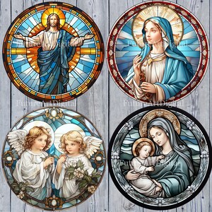 May include: Four stained glass round ornaments featuring religious figures. The first ornament depicts Jesus Christ wearing a blue robe and a halo. The second ornament depicts the Virgin Mary wearing a blue robe and a halo. The third ornament depicts two angels with wings and halos. The fourth ornament depicts the Virgin Mary holding a baby Jesus.
