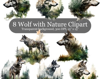 8 Wolf with Forest Digital Card Making Clipart, Wolf Sublimation PNG, Wolf Scrapbooking Clipart