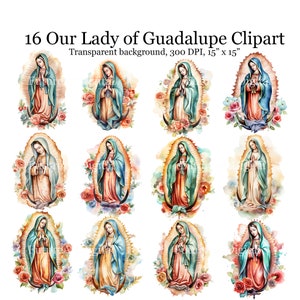 16 aquarel onze lieve vrouw van Guadalupe digitale clipart, aquarel religieuze sublimatie PNG, onze lieve vrouw van Guadalupe afdrukbare muurkunst