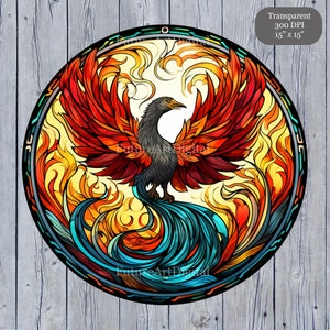 Buntglas Phoenix Sublimation PNG, Phoenix digitale Clipart, Buntglas-Fenster Phoenix druckbare Wandkunst