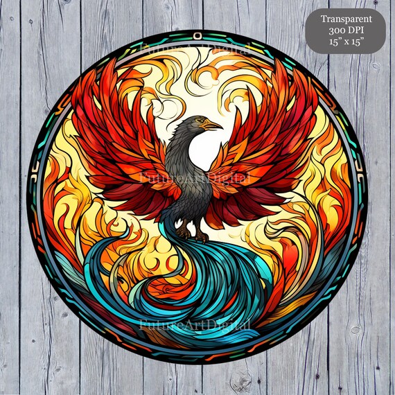 Stained Glass Phoenix Sublimation PNG, Phoenix Digital Clipart, Stained Glass Window Phoenix Printable Wall art