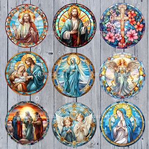 May include: Nine round stained glass window designs featuring religious figures and symbols. The designs include Jesus, Mary, angels, and a cross. The windows are framed in a blue and gold border.