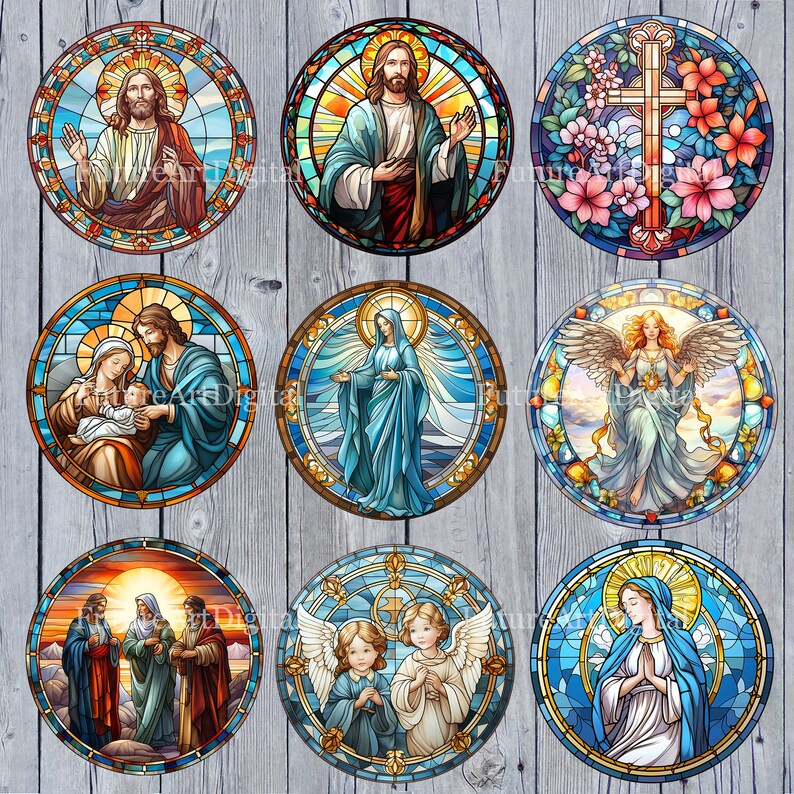 May include: Nine round stained glass window designs featuring religious figures and symbols. The designs include Jesus, Mary, angels, and a cross. The windows are framed in a blue and gold border.