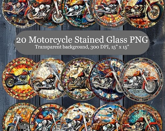 Stained Glass Motorcycle Sublimation PNG Bundle, 20 Motorcycle Round Stained Glass Print, Faux Stained Glass
