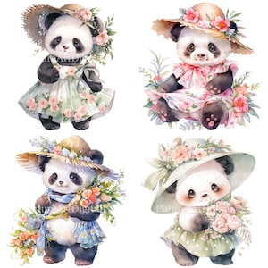Aquarelle bébé panda dans un art de pépinière de robe de fleur, panda portant une robe et un chapeau Sublimation PNG, bébé panda avec décor imprimable de fleurs