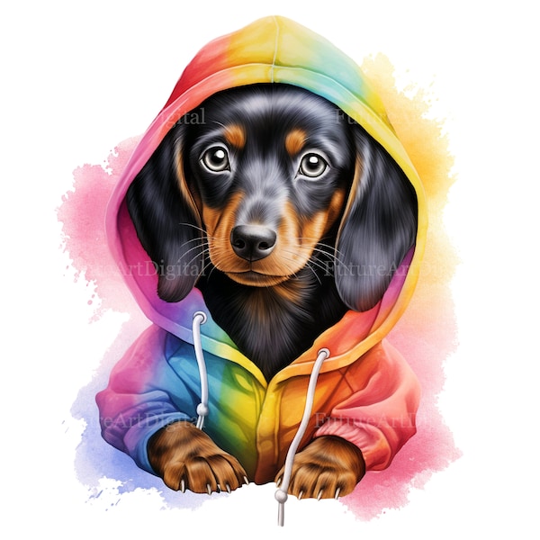 Watercolor Dachshund Puppy Wearing a Rainbow Hoodie Digital Clipart, Dachshund Puppy Sublimation PNG, Dachshund in a Jumper Printable decor