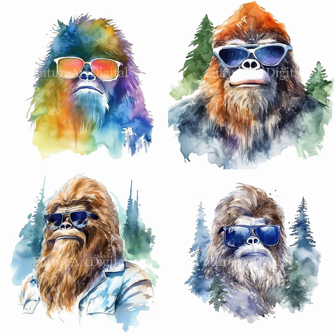 Watercolor Bigfoot Wearing Sunglasses Sublimation PNG. Bigfoot