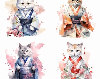 May include: Watercolor illustrations of four cats wearing traditional Japanese kimonos. The cats are depicted in various colors and patterns, with floral accents and a soft, artistic style. The background features watercolor splashes.