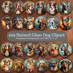109 Dog Breeds Rounds Stained Glass Clipart, Different Dog Breeds Sublimation PNG Bundle, Circle Stained Glass Dog Designs