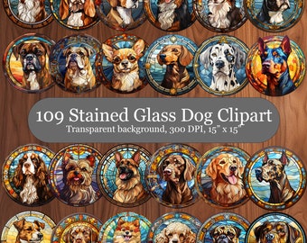 109 Dog Breeds Rounds Stained Glass Clipart, Different Dog Breeds Sublimation PNG Bundle, Circle Stained Glass Dog Designs