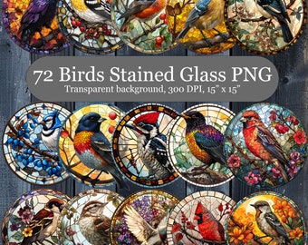 72 Round Stained Glass Birds PNG, High-resolution Stained Glass Clipart Bundle, Different Birds Sublimation Clipart, Free Commercial Use