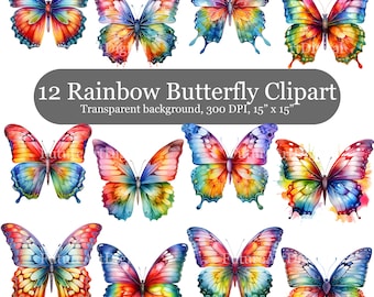 12 Watercolor Rainbow Butterfly Digital Clipart, Rainbow Butterfly Scrapbooking Clipart Bundle, Butterfly Nursery Room decor