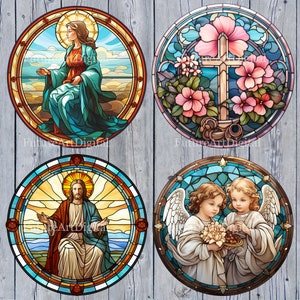 May include: Four stained glass round panels with religious themes. The first panel depicts a woman in a blue robe with a crown of thorns. The second panel shows a cross with pink flowers. The third panel shows a man in a red robe with a crown of thorns. The fourth panel shows two angels with wings, holding a basket of fruit.