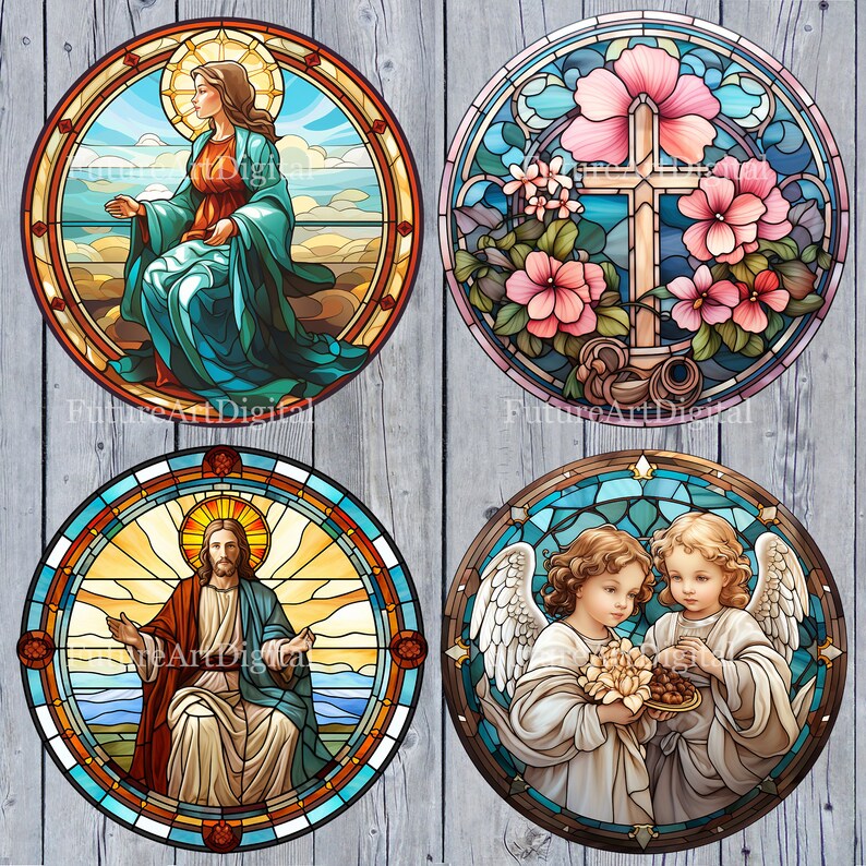 May include: Four stained glass round panels with religious themes. The first panel depicts a woman in a blue robe with a crown of thorns. The second panel shows a cross with pink flowers. The third panel shows a man in a red robe with a crown of thorns. The fourth panel shows two angels with wings, holding a basket of fruit.