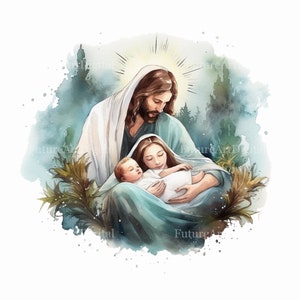 Naissance aquarelle de Jésus en sublimation PNG, Naissance de Jésus numérique Clipart, art mural imprimable l'enfant Jésus