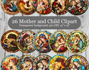 26 Mother and Child Stained Glass PNG, Suncatcher Sublimation Design, Round Stained Glass Coaster Sublimation PNG, Commercial Use