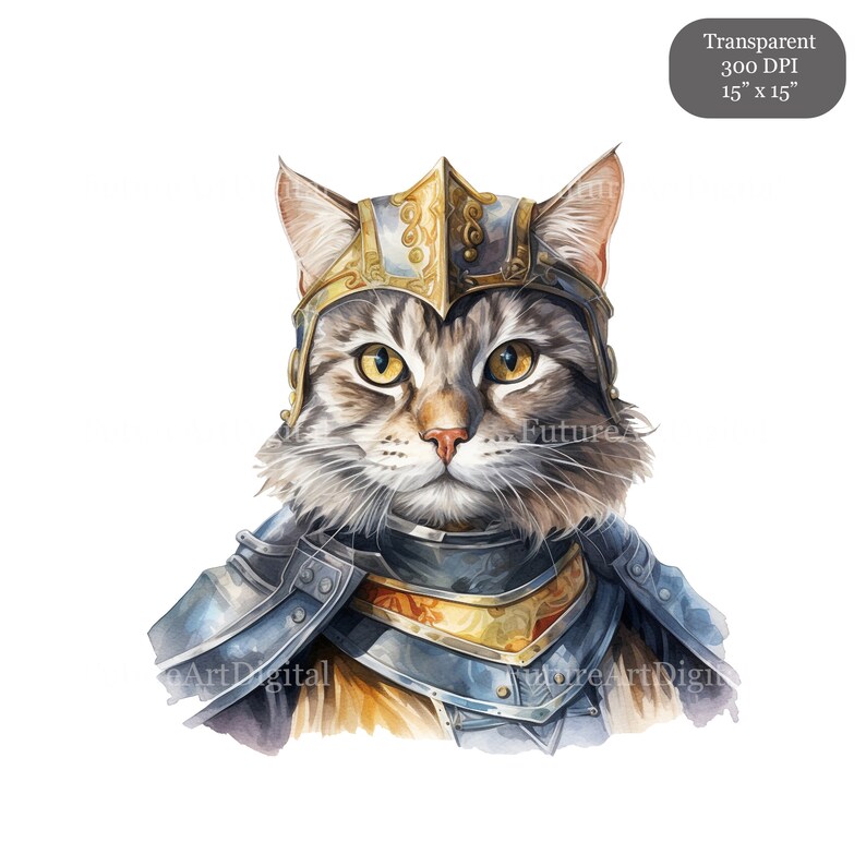 Pode incluir: Uma pintura em aquarela de um gato usando um capacete e armadura dourados. O gato tem uma express&atilde;o s&eacute;ria e est&aacute; olhando diretamente para o espectador. O fundo &eacute; branco.