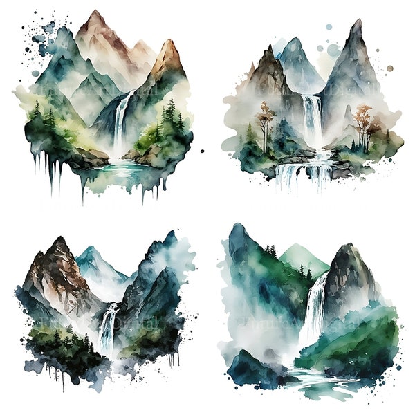 Aquarelle montagnes brumeuses avec cascade numérique Clipart, sublimation PNG de cascade, montagne avec cascade d'art mural imprimable