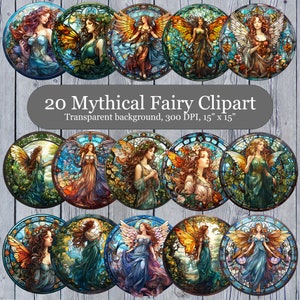 May include: Twenty digital clipart images of fairies with wings, surrounded by flowers and vines, in a stained glass style. The images are circular and have a transparent background. Each image is 15 inches by 15 inches and 300 DPI.