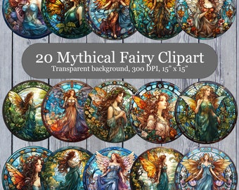 20 Stained Glass Fairy Cliparts, Fairy Fantasy Clipart PNG, Mythical Fairy Clipart Bundle, Wind Spinner Sublimation, Commercial Use