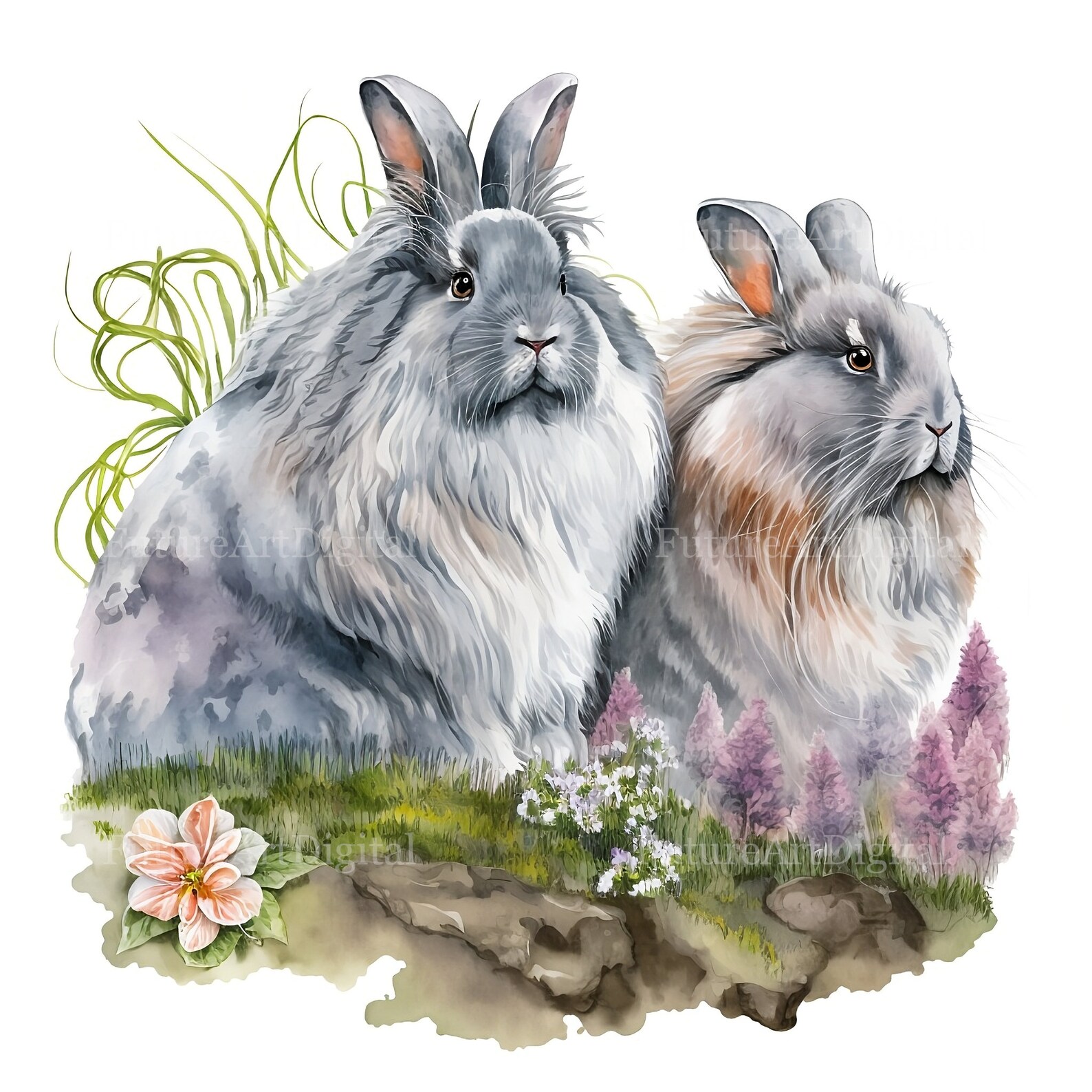 Watercolor Grey Angora Bunny Couple Sublimation Clipart, Angora Bunnies ...