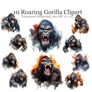 10 aquarel brullende Gorilla digitale clipart, Gorilla sublimatie PNG, boze Gorilla afdrukbare muurkunst, digitale download