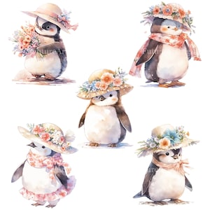 Pingüino bebé acuarela con sombrero con flores Digital Clipart, arte de vivero imprimible de pingüino bebé, pingüino con sombrero sublimación PNG