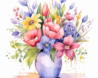 Watercolor Spring Flower Bouquet Sublimation PNG, Flower Bouquet Digital Clipart, Spring Flowers in a Vase Printable Wall art