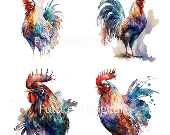 Watercolor Rooster Sublimation PNG, Rooster Printable Wall art, Rooster Digital Clipart, Digital Download file