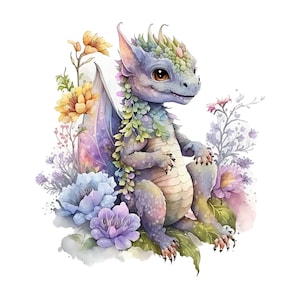 Aquarell Baby Dragon Sublimation PNG, Baby Dragon mit Blumen Sublimationswandkunst, Baby Dragon Printable Decor