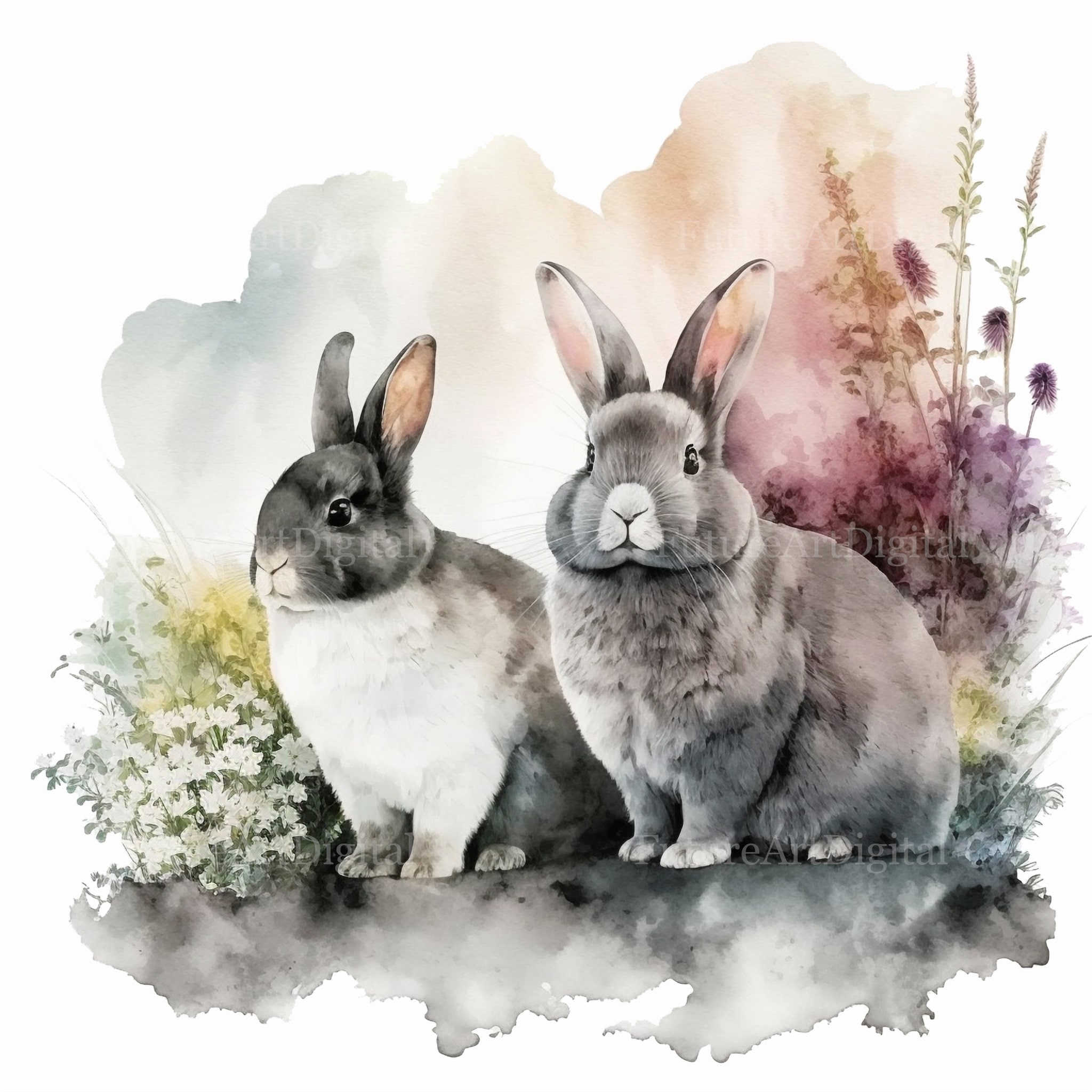 Watercolor Angora Bunny Couple Printable Wall Art, Angora Bunnies ...