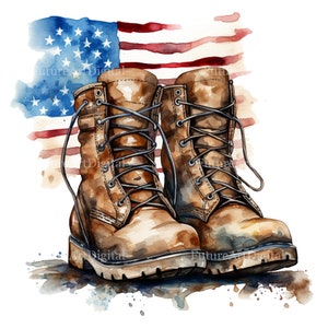 Puede incluir: Ilustraci&oacute;n en acuarela de botas de combate marrones con cordones, sobre un fondo de la bandera estadounidense. Las botas presentan detalles de costuras y ojales. La bandera muestra rayas rojas y blancas y estrellas azules.