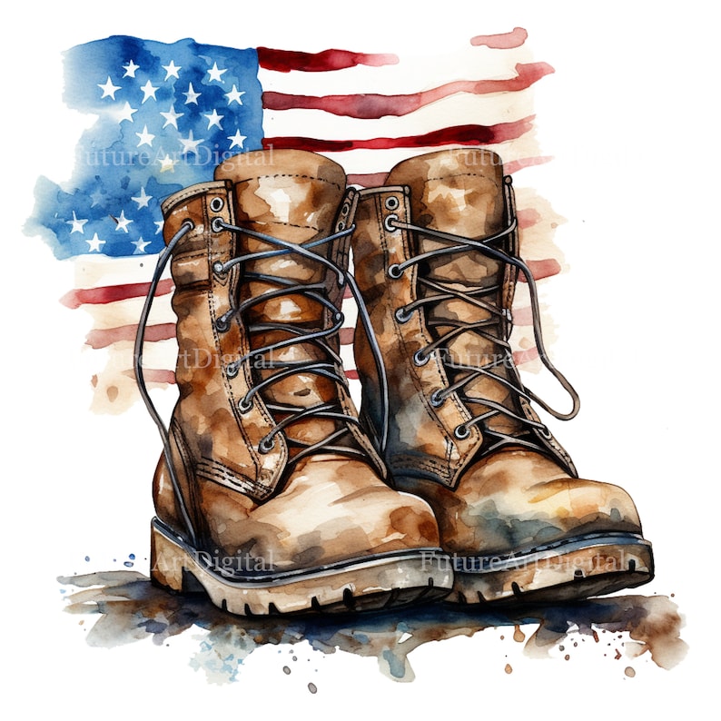 Puede incluir: Ilustraci&oacute;n en acuarela de botas de combate marrones con cordones, sobre un fondo de la bandera estadounidense. Las botas presentan detalles de costuras y ojales. La bandera muestra rayas rojas y blancas y estrellas azules.