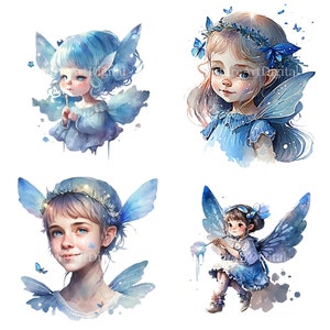 Clipart numérique aquarelle fée bleue, sublimation PNG de fée des dents bleues, art mural imprimable fée