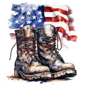 Puede incluir: Ilustraci&oacute;n en acuarela de un par de botas de combate marrones desgastadas con cordones rojos, sobre un fondo de la bandera estadounidense. Las botas tienen un aspecto robusto y desgastado, y la bandera est&aacute; representada con trazos de acuarela.